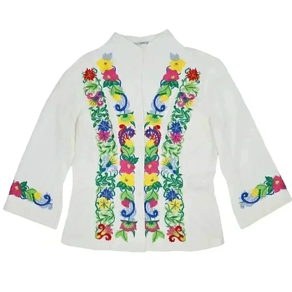 Floral Embroidered White 3/4 Sleeve Shirt Size Small Floral Summer Top